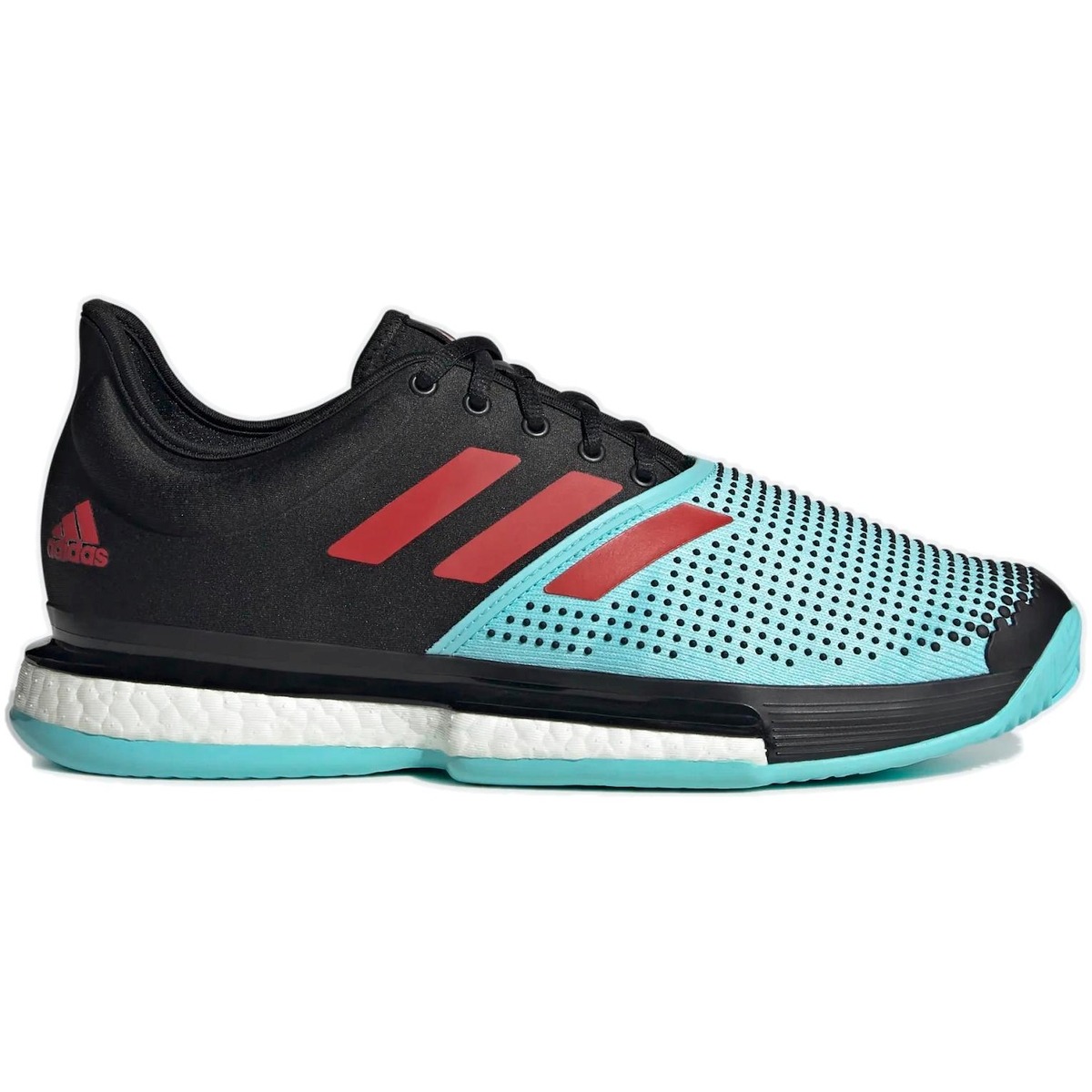 Adidas Men's SoleCourt Primeblue Tennis Shoes (Core Black/Pulse Aqua/Solar Red)